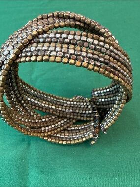 Vintage Wide Bronze Seed Beads Hand Made Wire Wrap Flex Cuff Bracelet